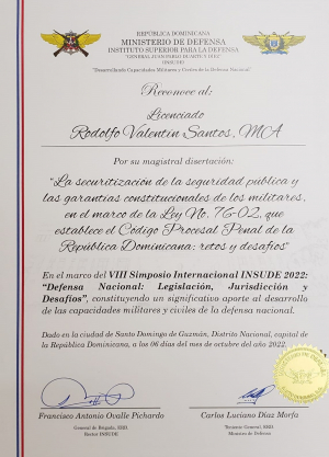 Director ONDP es reconocido por Ministerio de Defensa, Instituto Superior para la Defensa General Juan Pablo Duarte y Diez (INSUDE).